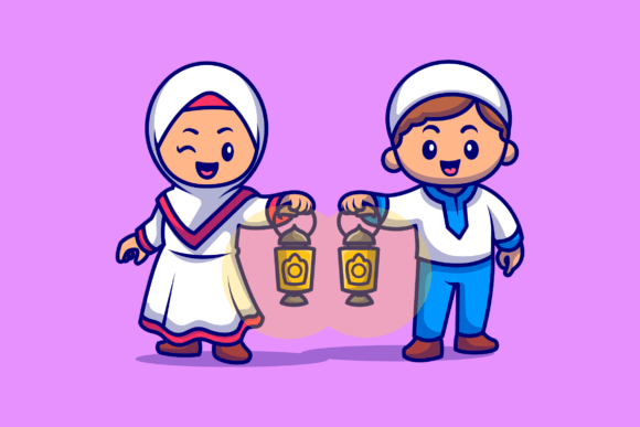 Download Cute Girl and Boy Moslem Bring Lantern - Moslem Collection