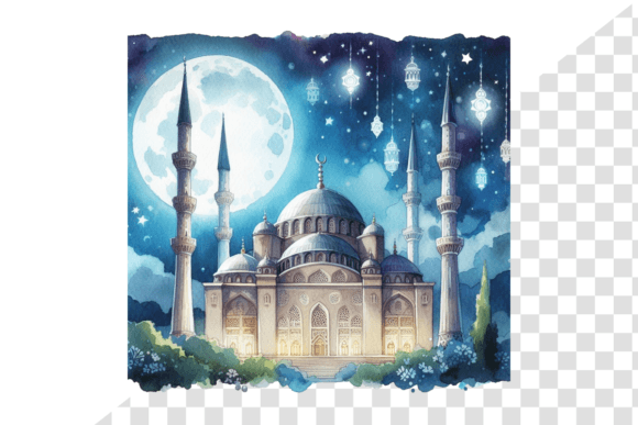 Download Eid Night Sky Mosque Serene Watercolor - Premium Bundle